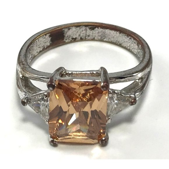 Unbranded Jewelry - Peach Princess Cut Topaz with Ring Clear CZ Side Stones Sz 6.75 Silver Tone